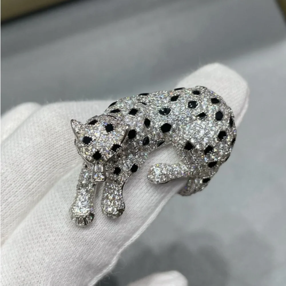 Paved Crystal Leopard Dog Ring in Silver Tone
